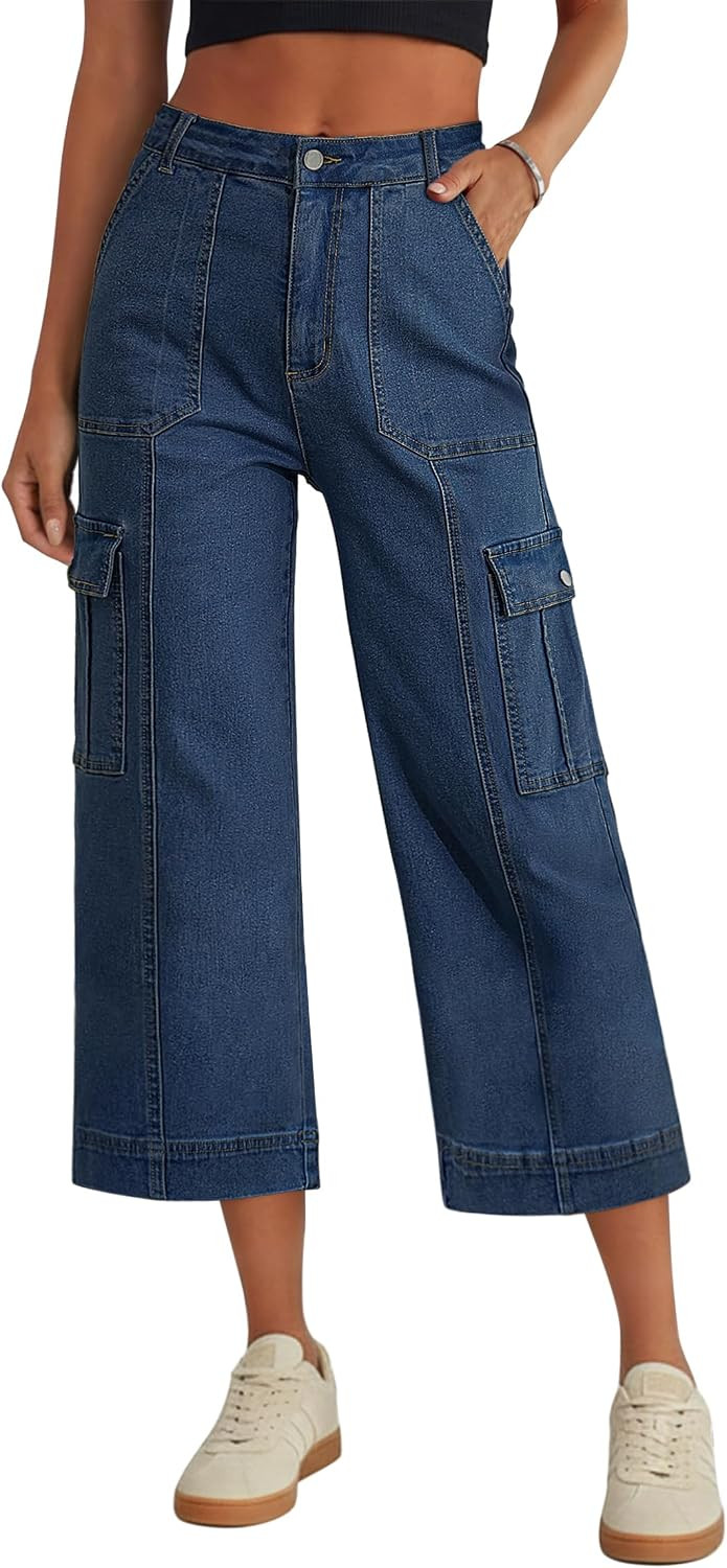 Eddoyee Cargo Capri Pants for Women High Waisted 6 Pockets Stretchy Straight Wide Leg Cropped Hiking Pants Loose Fit | Amazon (US)