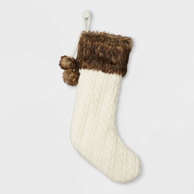 Cable Knit Christmas Stocking with Faux Fur Cuff &#38; Pom Poms Cream - Wondershop&#8482; | Target
