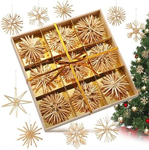 27 Pcs Straw Ornaments Set Scandinavian Christmas Decorations Including Stars Snowflakes Hearts Ange | Amazon (US)