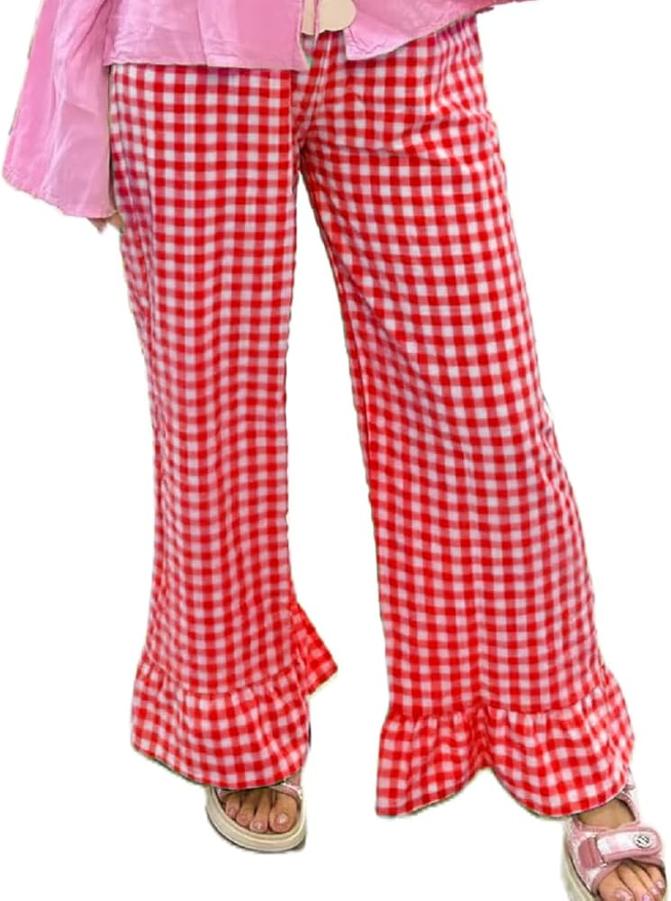 Y2K Gingham Pants for Women Ruffle Hem Wide Leg Lounge Bottom Plaid Checkered Loose Fit Going Out... | Amazon (US)