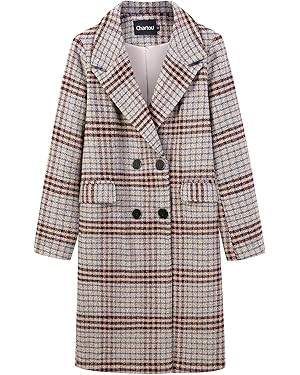 CHARTOU Women's Winter Oversize Lapel Collar Woolen Plaid Double Breasted Long Peacoat Jacket | Amazon (US)