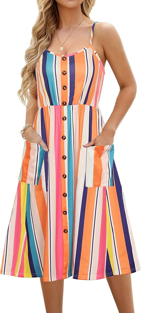 Summer Casual Dresses for Women with Pockets Beach Floral Spaghetti Strap Swing Dress | Amazon (US)