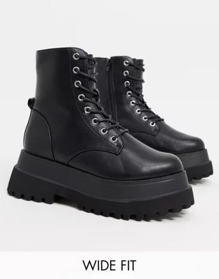ASOS DESIGN Wide Fit Agile chunky lace up ankle boots in black | ASOS (Global)