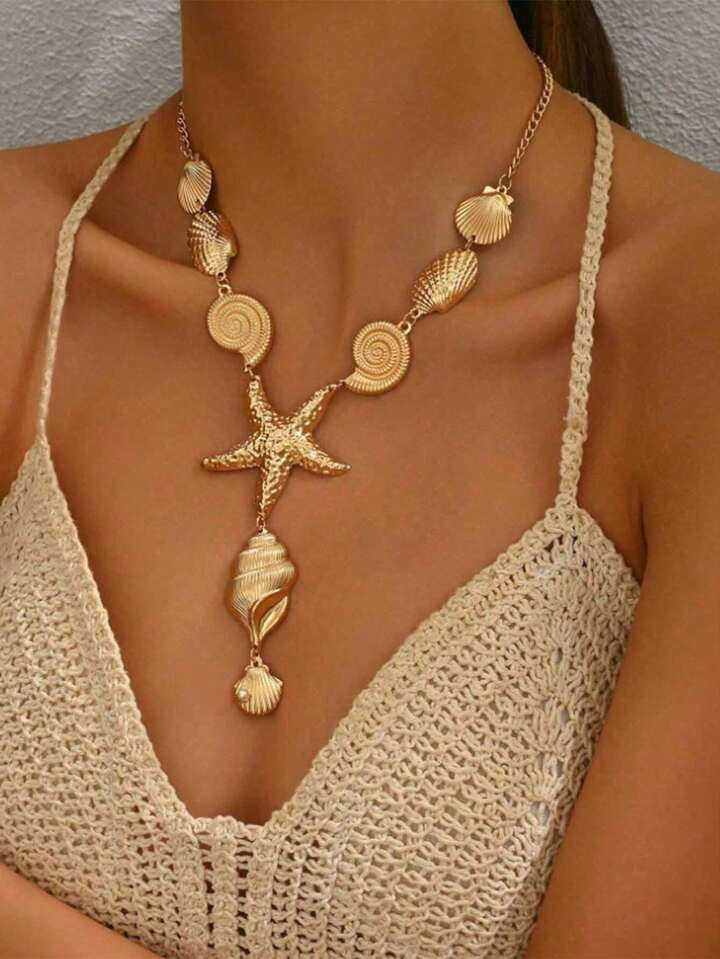 1pc European & American Style Unique Seashell, Starfish Metal Necklace, Ocean Themed Necklace For... | SHEIN