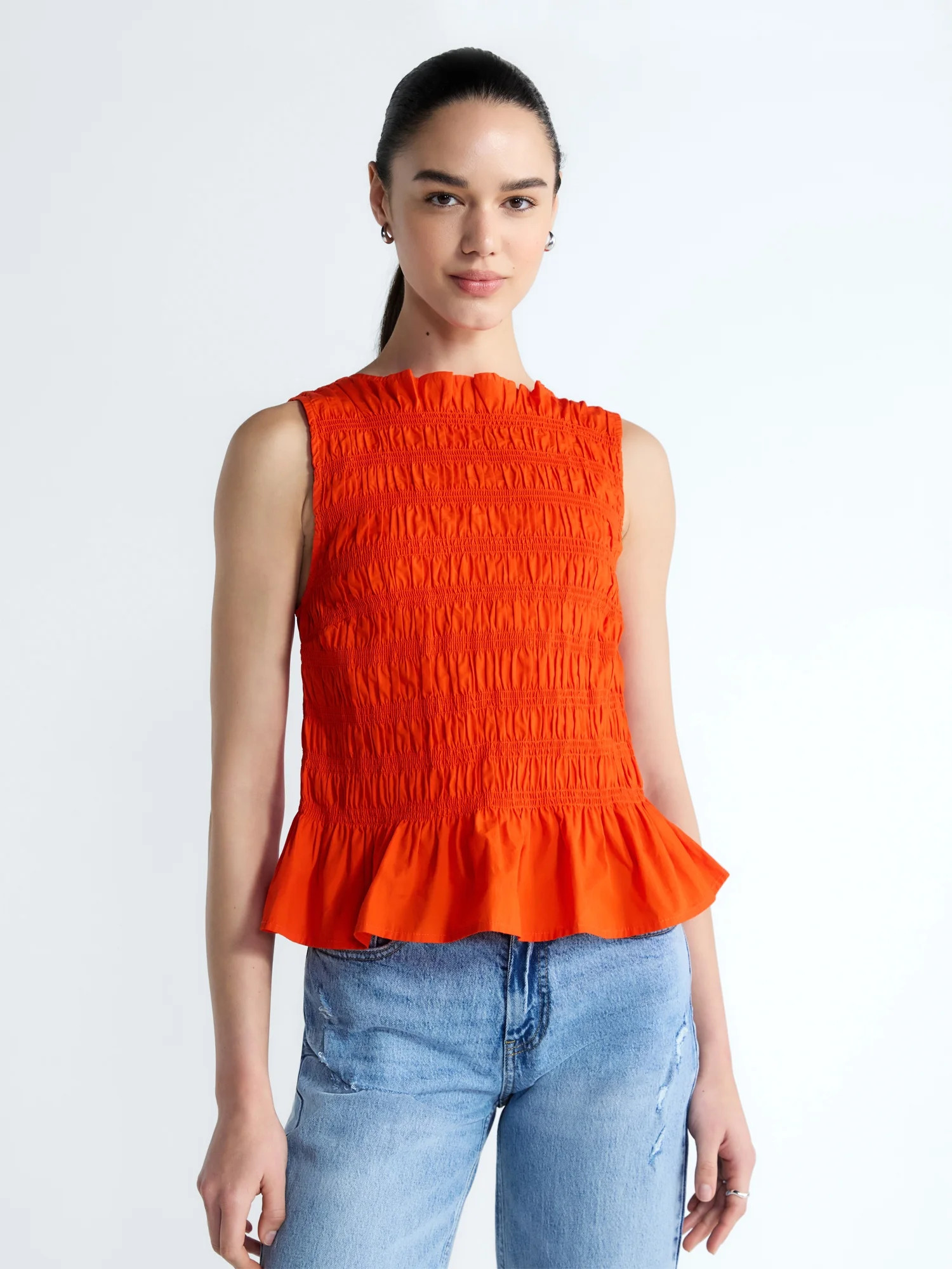 Free Assembly Women's and Women's Plus Smocked Peplum Sleeveless Cotton Top, Sizes X-4X | Walmart (US)