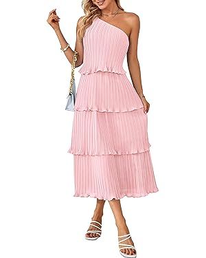 MEROKEETY Women's Summer One Shoulder Sleeveless Pleated Ruffle Tiered Layered Chiffon Party Dres... | Amazon (US)