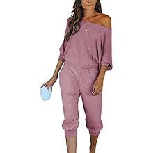 PRETTYGARDEN Women's 2 Piece Ribbed Tracksuit Outfits Off Shoulder Long Sleeve Pullover Long Pant... | Amazon (US)