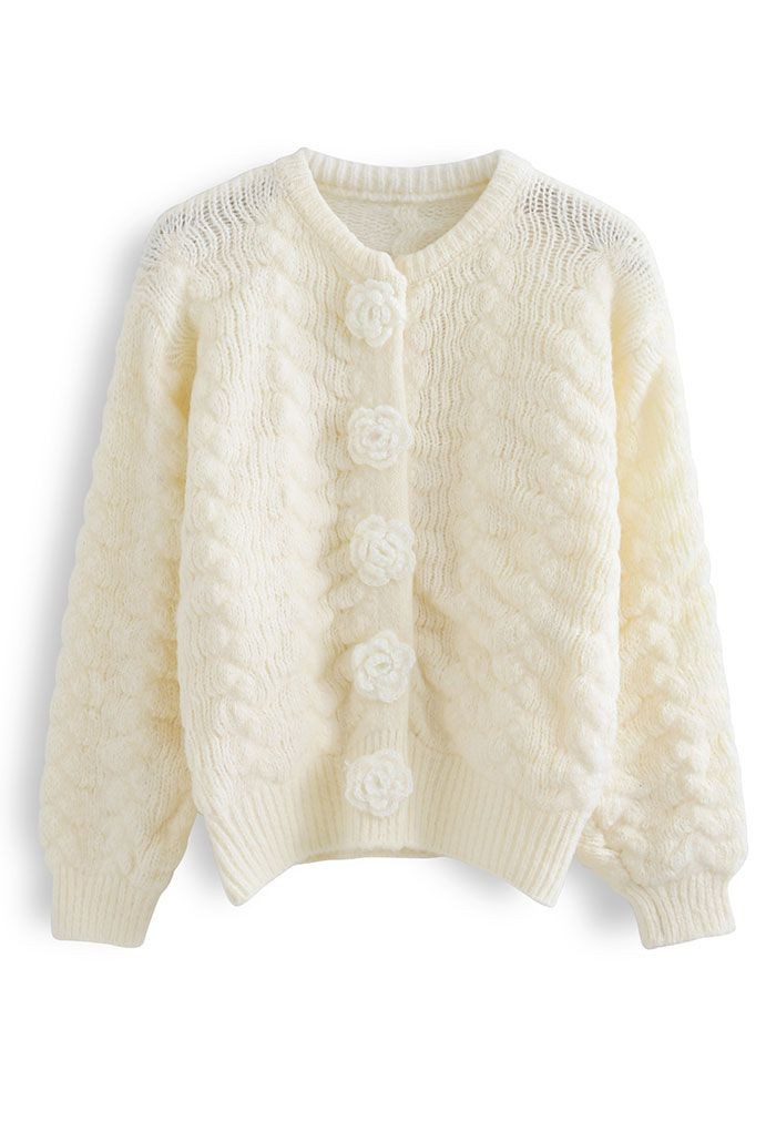 Flowers Button Down Embossed Bubble Sleeves Cardigan in White | Chicwish