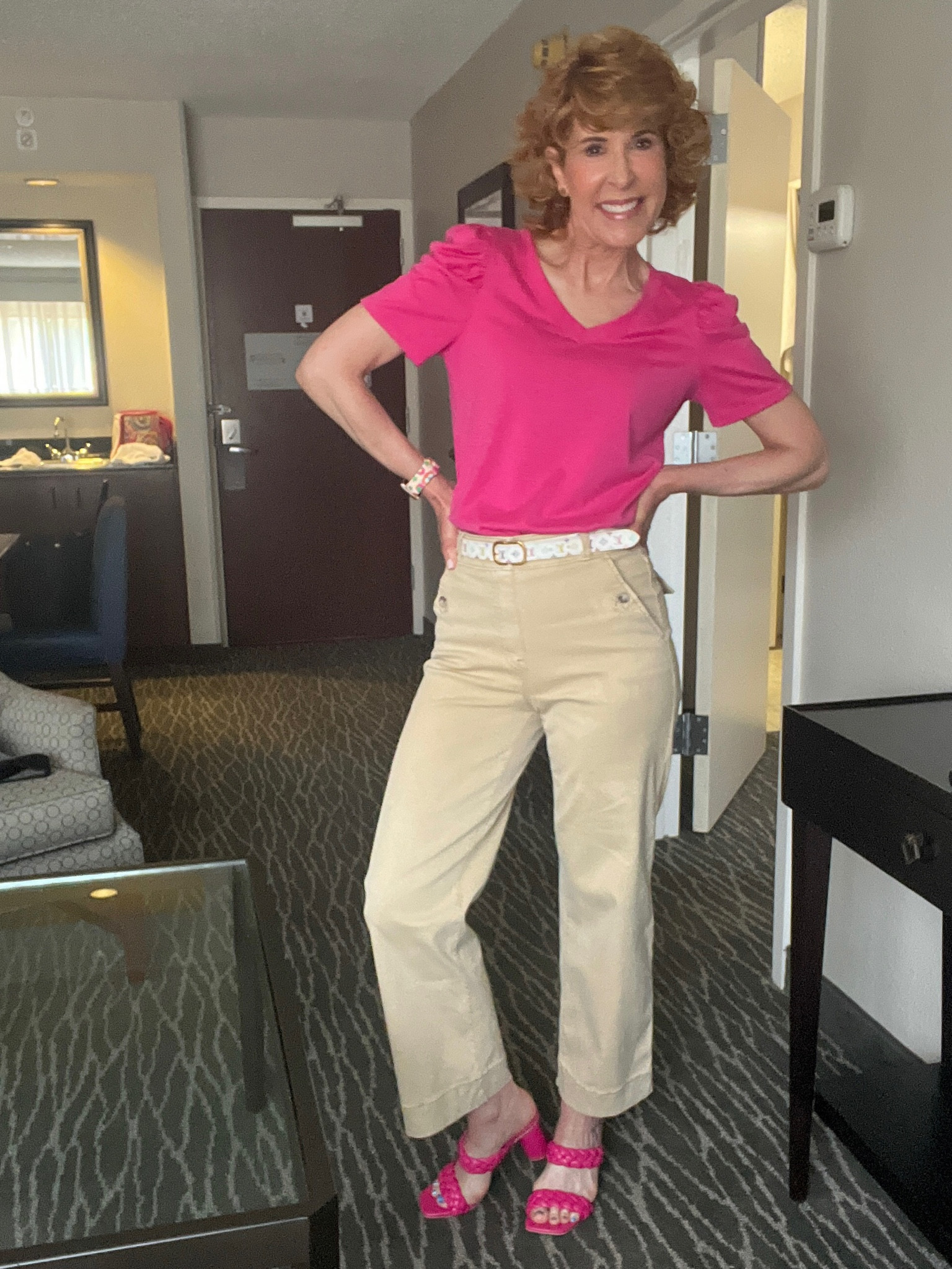 Awkward hotel selfie 🤳🏻 of my real life OOTD today!

I paired Spanx cropped ankle wide leg pants with an Amazon tee and a designer belt! My block heel sandals are super comfortable & affordable! 

Check out my fun Apple Watch band too! 

#LTKshoecrush #LTKSeasonal #LTKstyletip