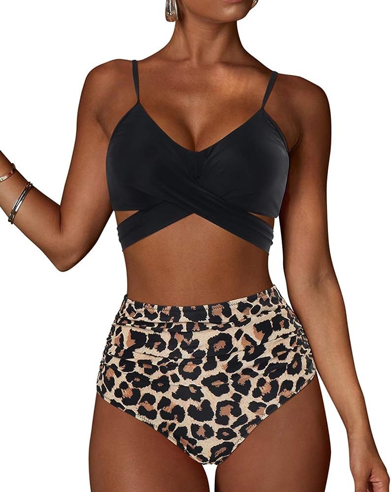 MOOSLOVER Women Leopard High Waisted Bikini Criss Cross Push Up Two Piece Swimsuits | Amazon (US)