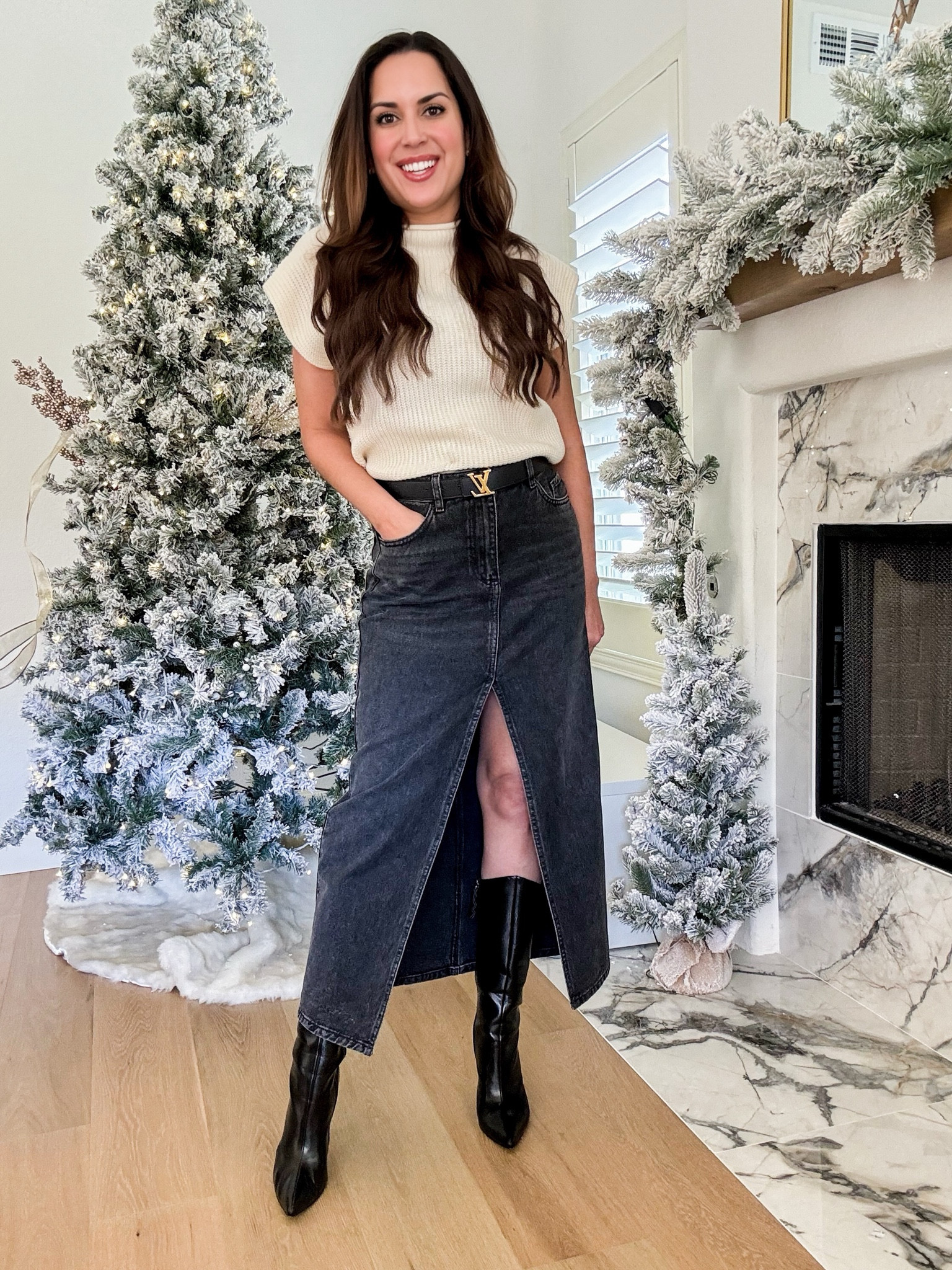 Christmas tree is up! Been obsessed with this denim maxi skirt, it would be such a great Thanksgiving outfit idea, a Friendsgiving outfit or even fall outfit idea for a date night or brunch with friends. Sized down to an XS. These boots are also a favorite this fall, so incredibly sexy! 

#LTKfindsunder100 #LTKover40 #LTKHoliday