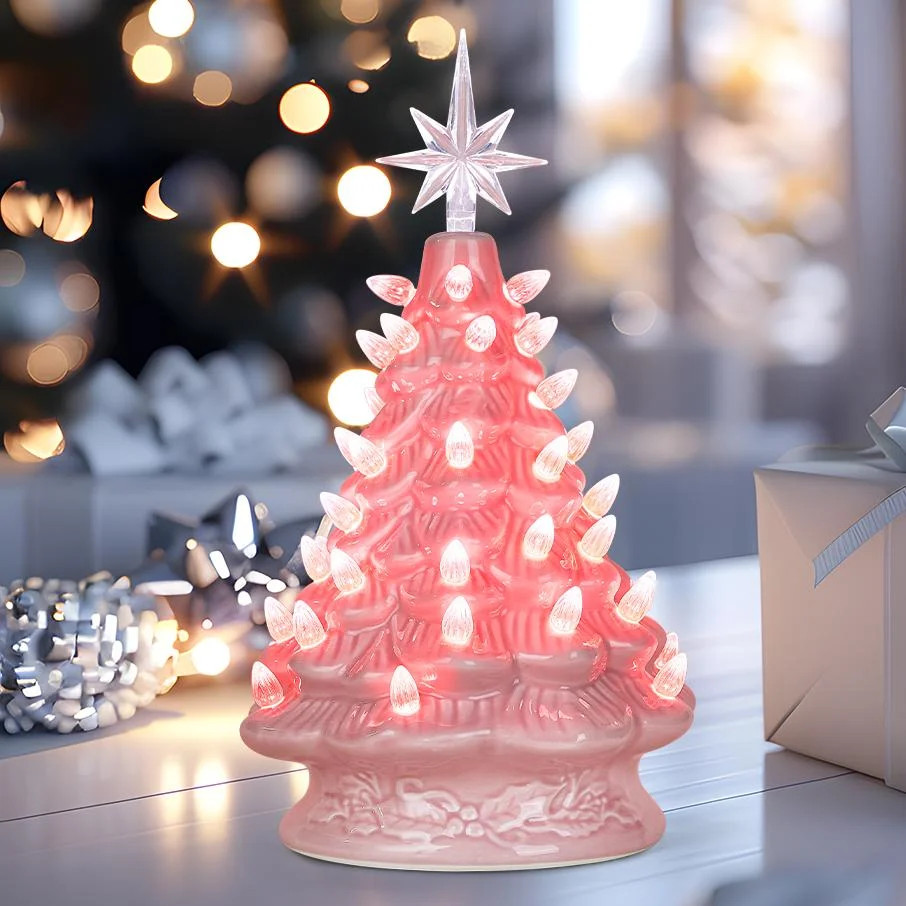 Joyfy 12 Inch Pink Ceramic Christmas Tree,Prelit Ceramic Christmas Tree with Lights and Top Star,... | Walmart (US)