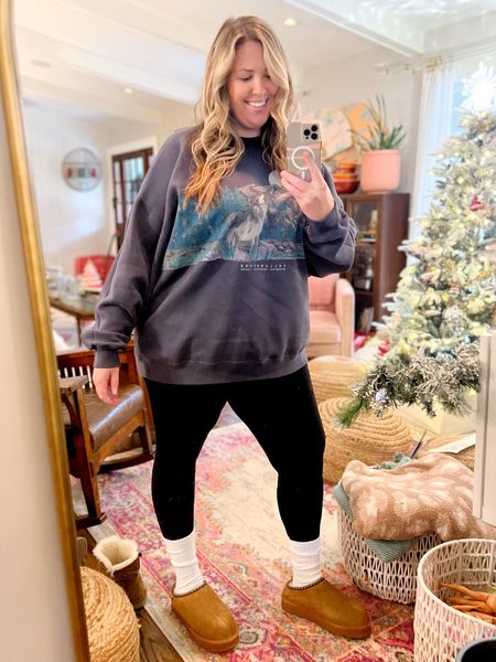What I’m actually wearing today! Everything is on sale - wide width shoes similar to the Ugg tazz! Xxl in sweatshirt and 2x in athletic leggings that don’t fall down! Socks from my husbands drawer haha!

#LTKCyberWeek #LTKfindsunder50 #LTKplussize