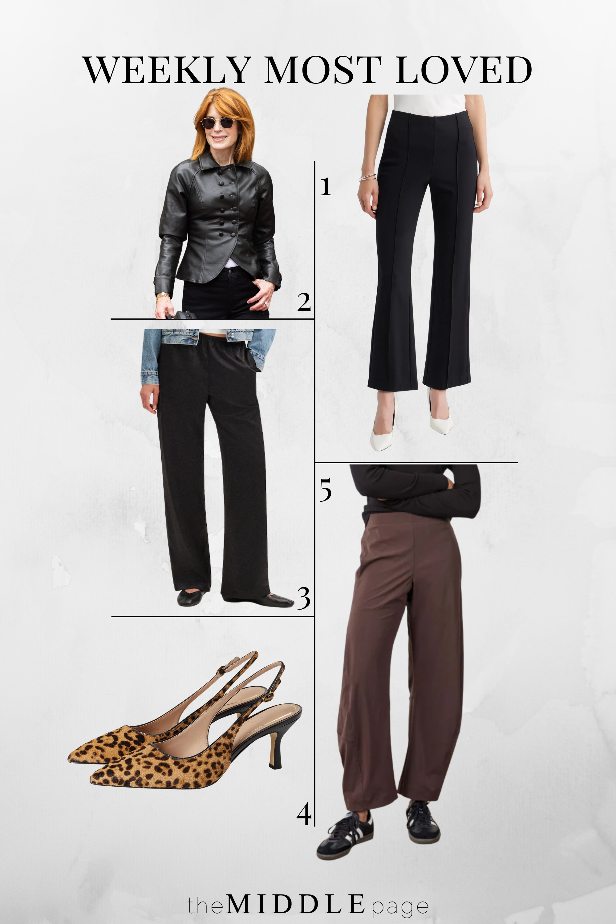 This week’s top 5 most loved are such a good mix of polished fall staples — ponte trousers, a chic faux leather jacket, easy pull-on pants, leopard slingbacks, and another great pair of work-ready pants. #LTKMostLoved #LTKOver40 #FallOutfits #WorkOutfits #BusinessCasualWorkwear 

 
