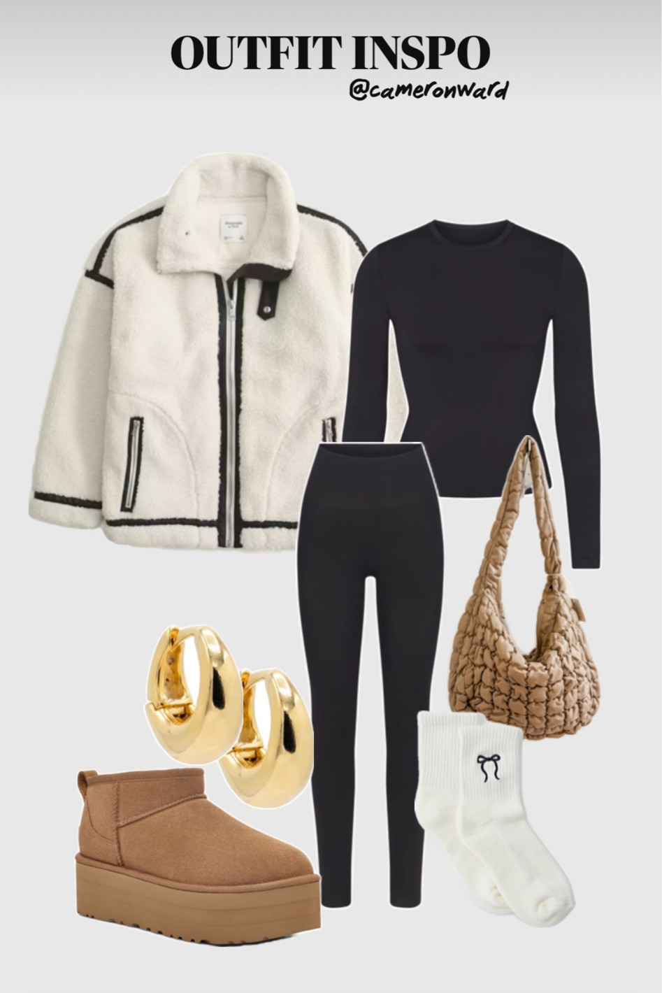 Sherpa jacket, black leggings, Ugg platform boots, quilted bag. Tall white socks, gold hoops 

#LTKFindsUnder100 #LTKStyleTip #LTKSeasonal