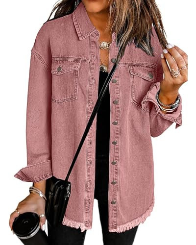 Vetinee Oversized Jean Jacket for Women Faded Rose Front Button Up Frayed Raw Hem Long Sleeve Pockets Denim Jean Jacket Shacket Large Size 12 Size 14 | Amazon (US)