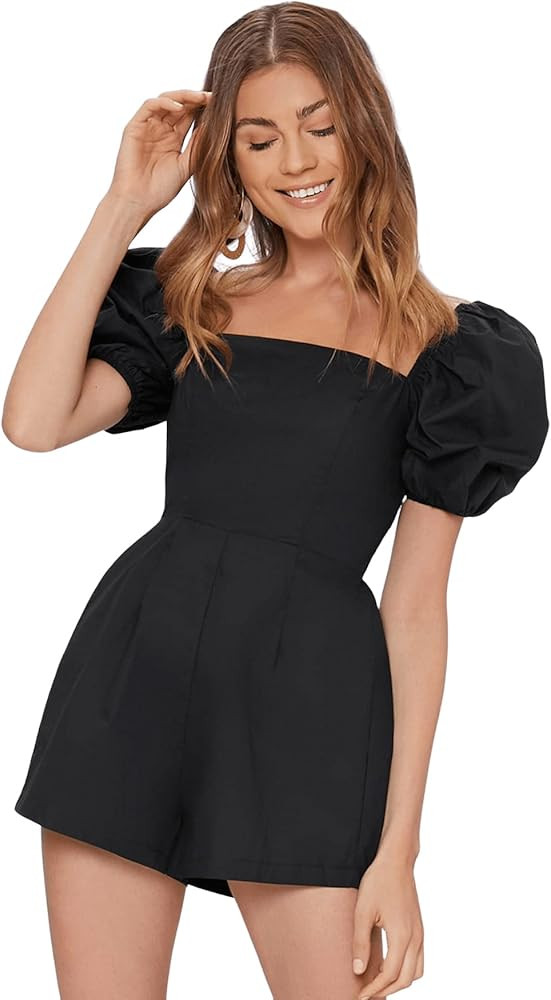 SweatyRocks Women's Summer Casual Wide Leg Short Rompers Puff Sleeve Square Neck Jumpsuit | Amazon (US)