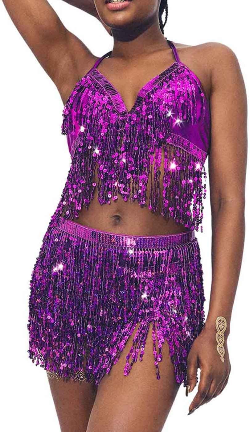Zoestar Sequin Hip Skirt with Bra Top Shiny Rave Outfits Tassel Belly Dance Skirt Set Performance... | Amazon (US)