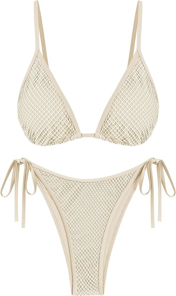 ZAFUL Women's Triangle Bikini Fishnet String Cheeky Bikini Sets High Cut Tie Side 2 Piece Swimsui... | Amazon (US)