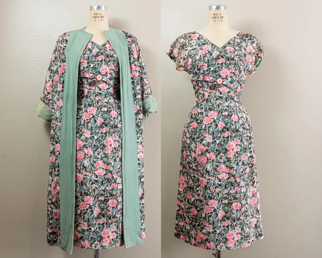 1950s Rose Print Wiggle Dress & Jacket Set, Blue/Green Pink, Swing Coat, (As-Is), Medium | Etsy (Global)