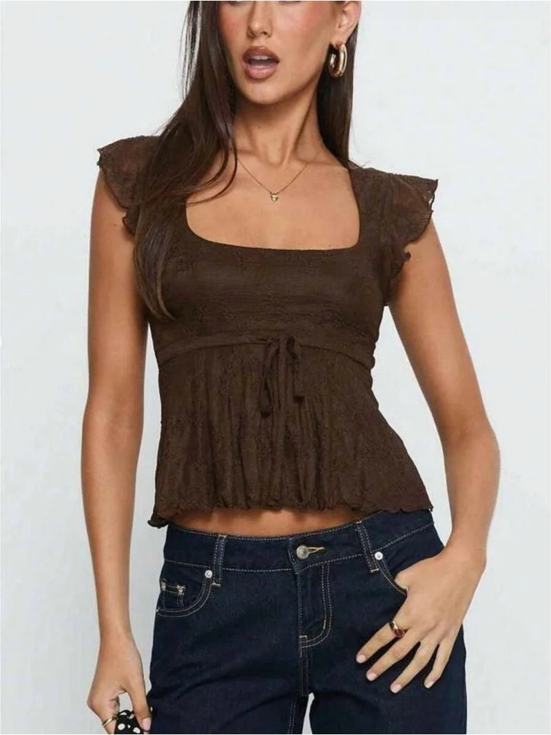Chocolate Brown Womens Cropped Square-Neck Top With Lace Ruffle Sleeves, Tie-Front Peplum Hem | Walmart (US)