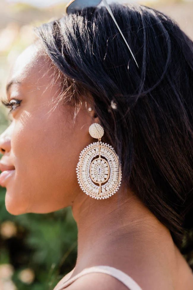 Elegant Evenings Await Ivory Oval Beaded Earrings | Pink Lily