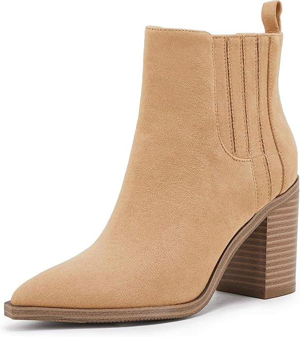 Womens Ankle Boots Slip on Pointed Toe Chunky Block Mid Heel Leather Elastic Panel Casual Chelsea... | Amazon (US)