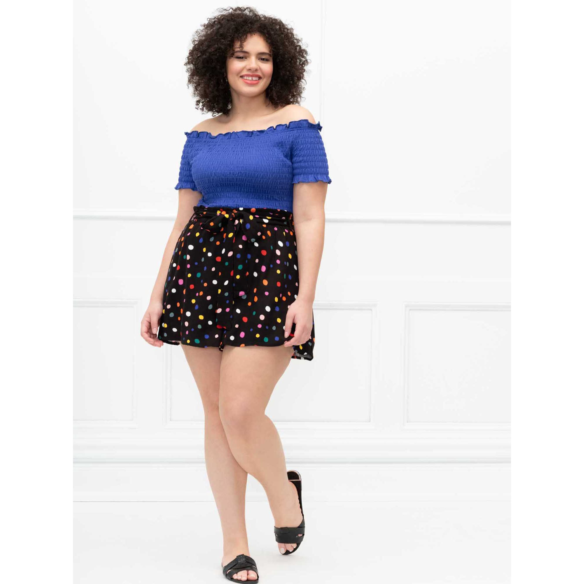 ELOQUII Elements Women's Plus Size Ruffle Waist Dot Print Swing Shorts | Walmart (US)