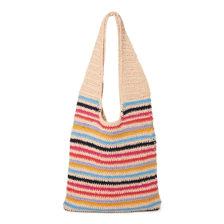 No Boundaries Women's Festival Crochet Tote Bag Tan Multi Stripe - Walmart.com | Walmart (US)