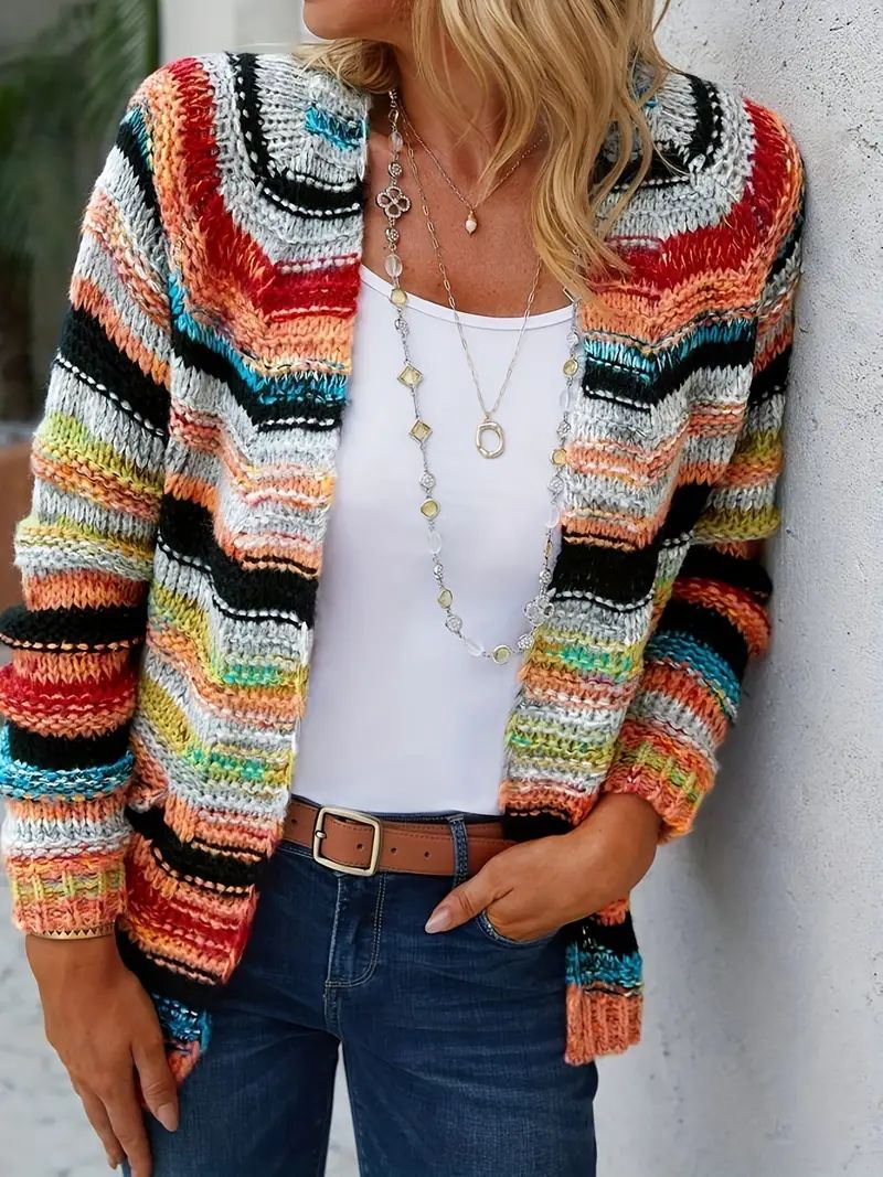 Rainbow Striped Open Front Cardigan, Casual Long Sleeve Cardigan For Spring & Fall, Women's Cloth... | Temu Affiliate Program