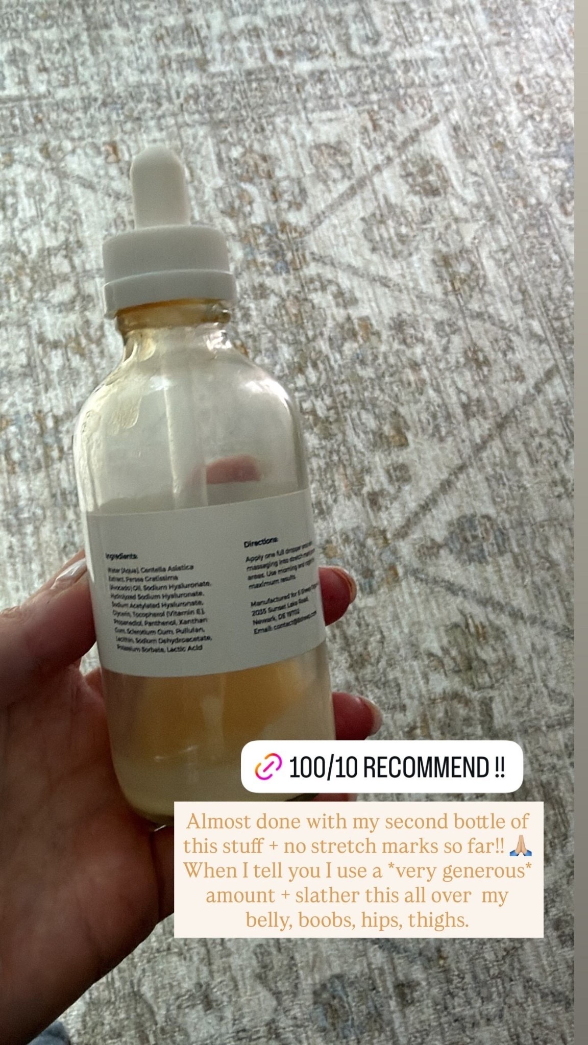 Almost done with my second bottle of this stuff + no stretch marks so far!! 🙏🏼When I tell you I use a *very generous* amount + slather this all over my belly, boobs, hips, thighs. @8sheeporganics

#LTKselfcare #LTKmomlife #LTKBump