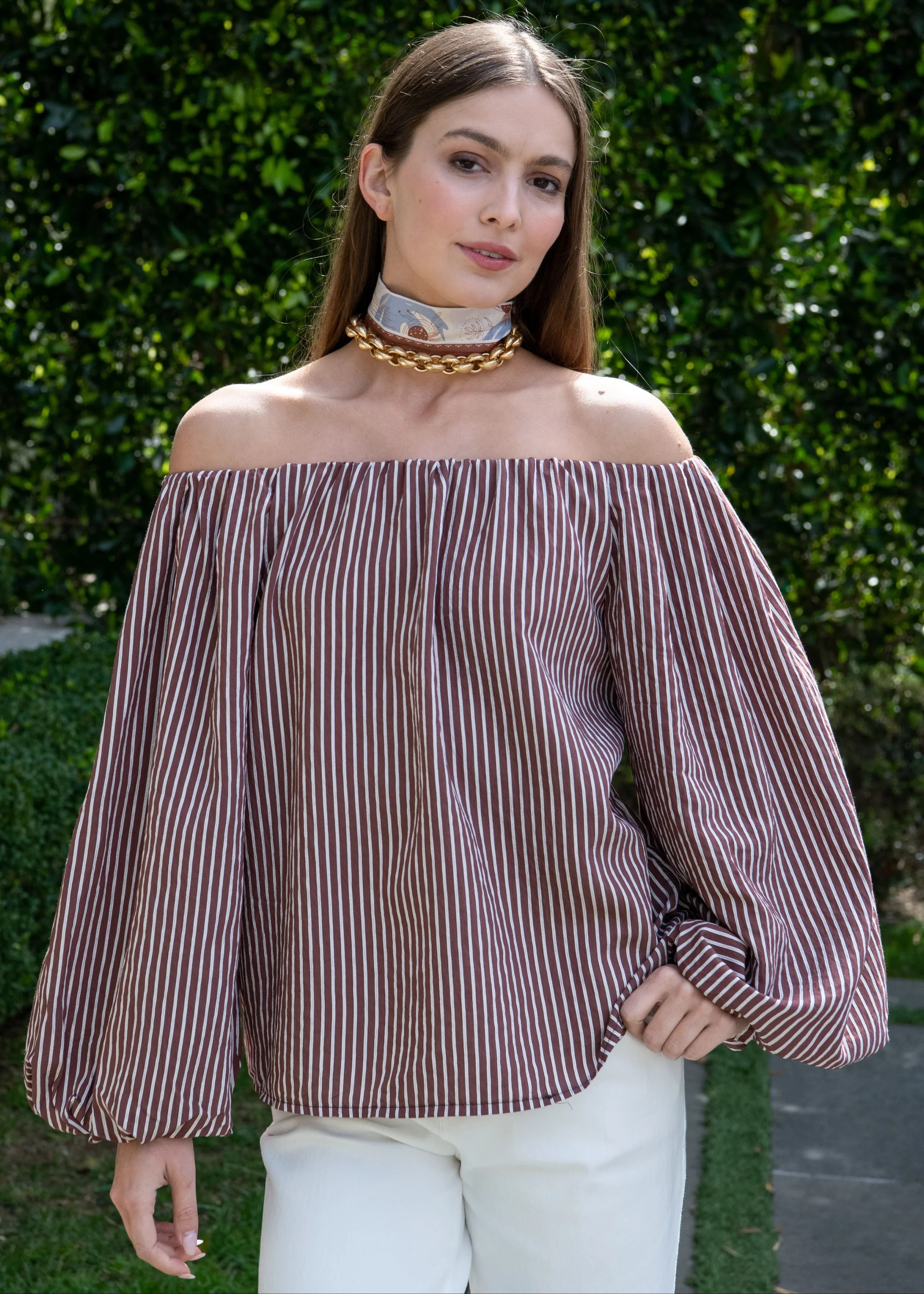 Candace Brown and White Stripe Off-the-Shoulder Top | Benaar La