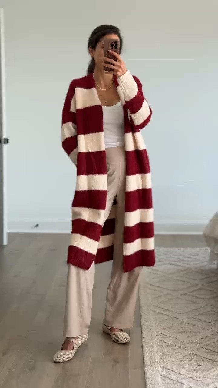Classic cozy layer that makes an outfit feel pulled together. Long striped cardigan with a relaxed fit, styled over a simple tank and wide-leg pants for an easy, comfortable look. Perfect for everyday wear, casual outings, or when you want something cozy but still polished. A great neutral base with just enough contrast.

Casual outfit, everyday outfit, striped cardigan, long cardigan outfit, cozy layers, wide leg pants, neutral outfit, casual chic style, mom outfit, affordable fashion

#LTKmomlife #LTKSeasonal #LTKootd