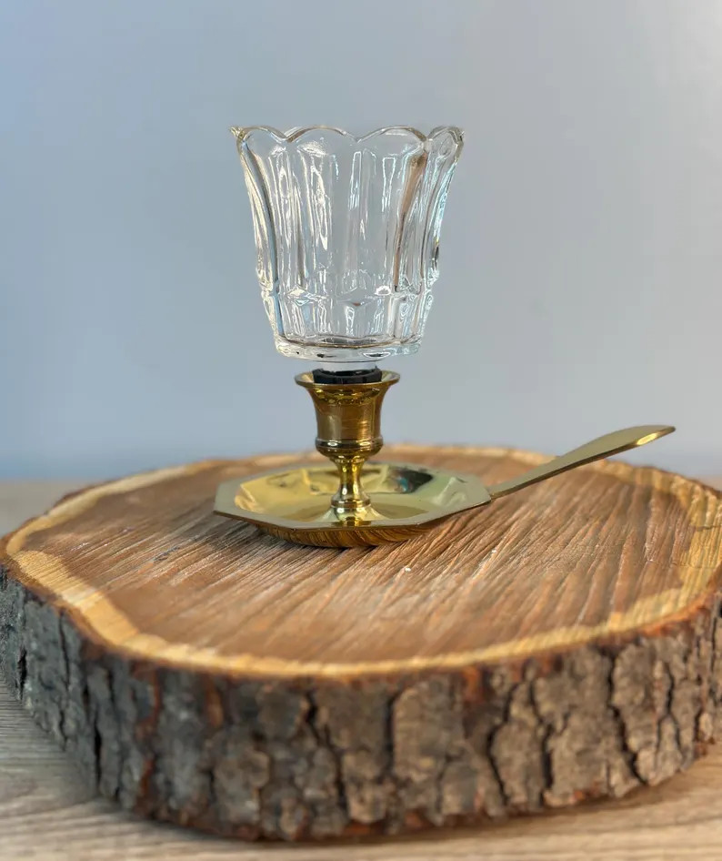 Vintage Handled Disc Dish Brass Candle Holder Fluted Tulip Clear Glass Gold Candleholder Fairy La... | Etsy (US)