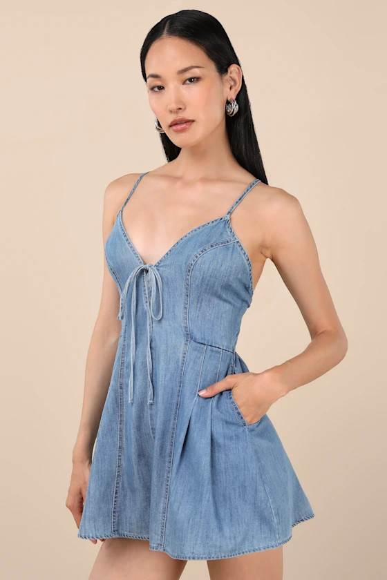 Everyn Blue Chambray Backless A-Line Romper | Lulus