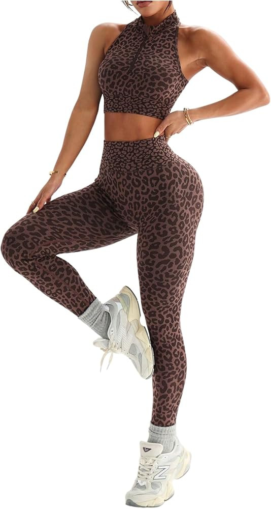 SweatyRocks Women's Leopard Print 2 Piece Workout Sets Half Zip Up Mock Neck Crop Top and Legging... | Amazon (US)