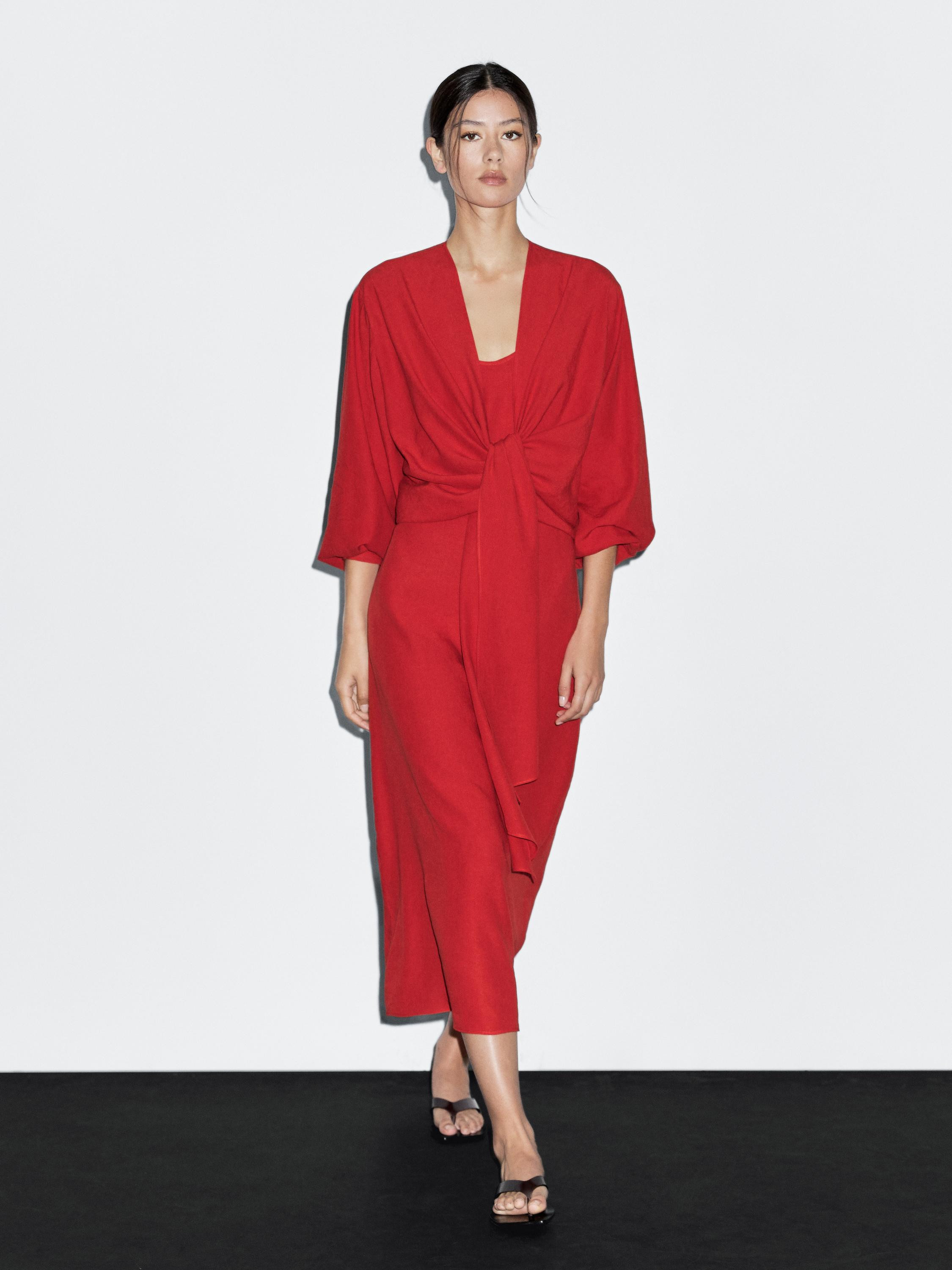Midi dress with knotted neckline | Massimo Dutti US
