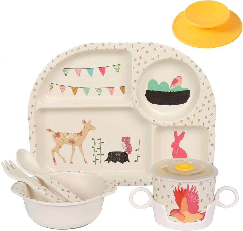 shopwithgreen 7Pcs/Set Bamboo Kids Dinnerware Set - Children Dishes - Food Plate Bowl Cup Spoon F... | Amazon (US)