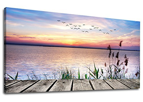 Canvas Wall Art Lake Dock Sunset Scenery Flying Birds Picture Large Beach Sunset Landscape Canvas Artwork Contemporary Nature Pictures for Living Room Bedroom Home Office Kitchen Wall Decor 20" x 40" | Amazon (US)