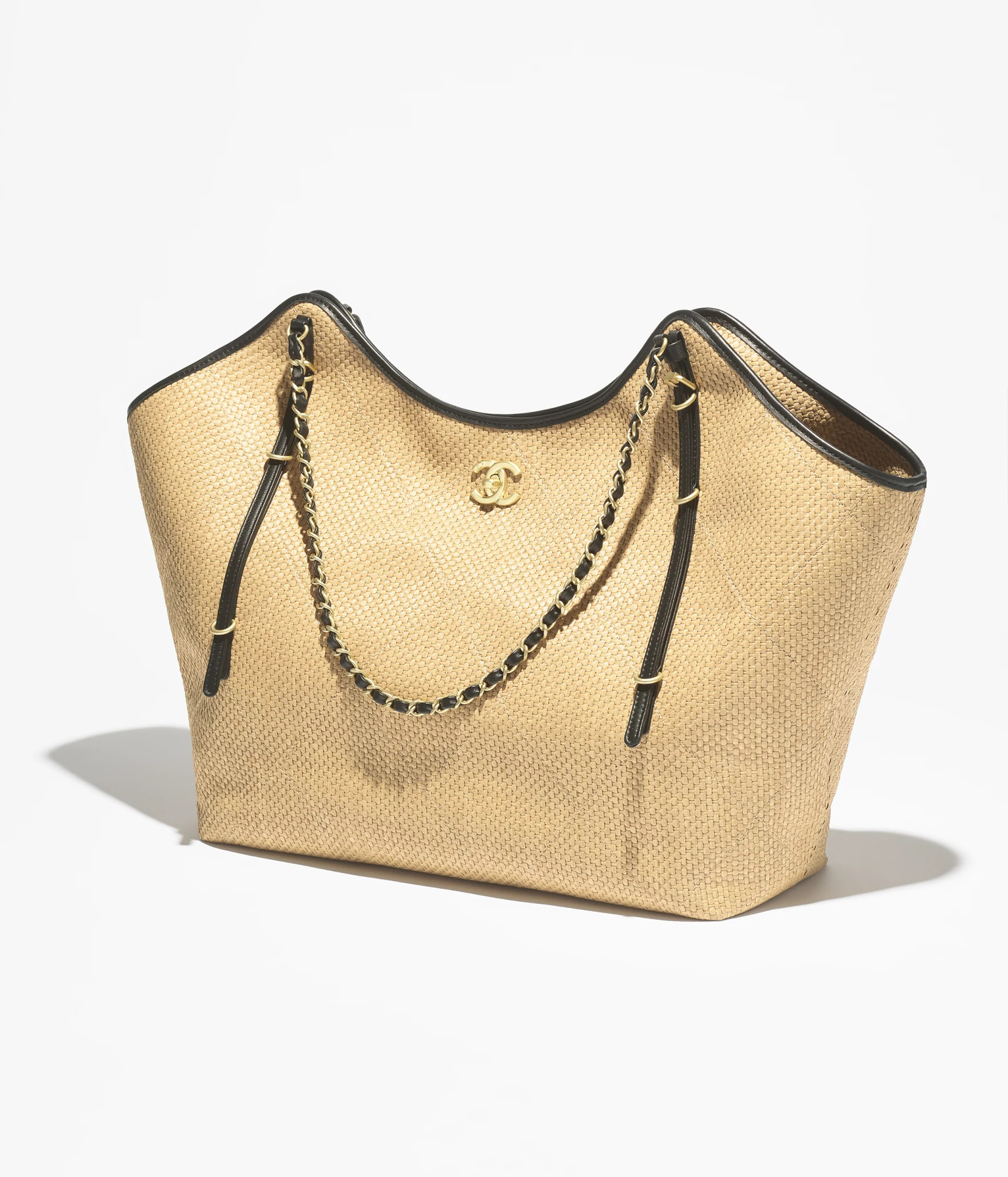 Maxi shopping bag, Braided raffia, calfskin & gold-tone metal, dark beige & black — Fashion | C... | Chanel, Inc. (US)