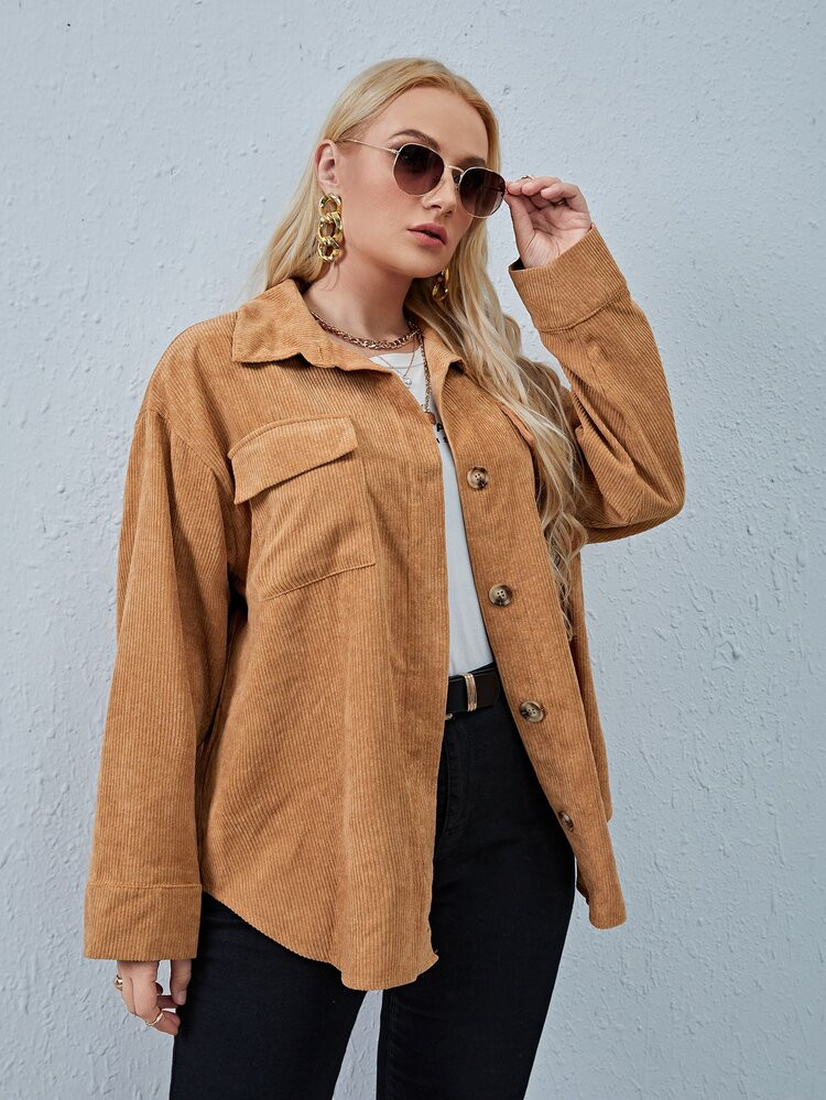 SHEIN Plus Drop Shoulder Flap Pocket Corduroy Jacket | SHEIN