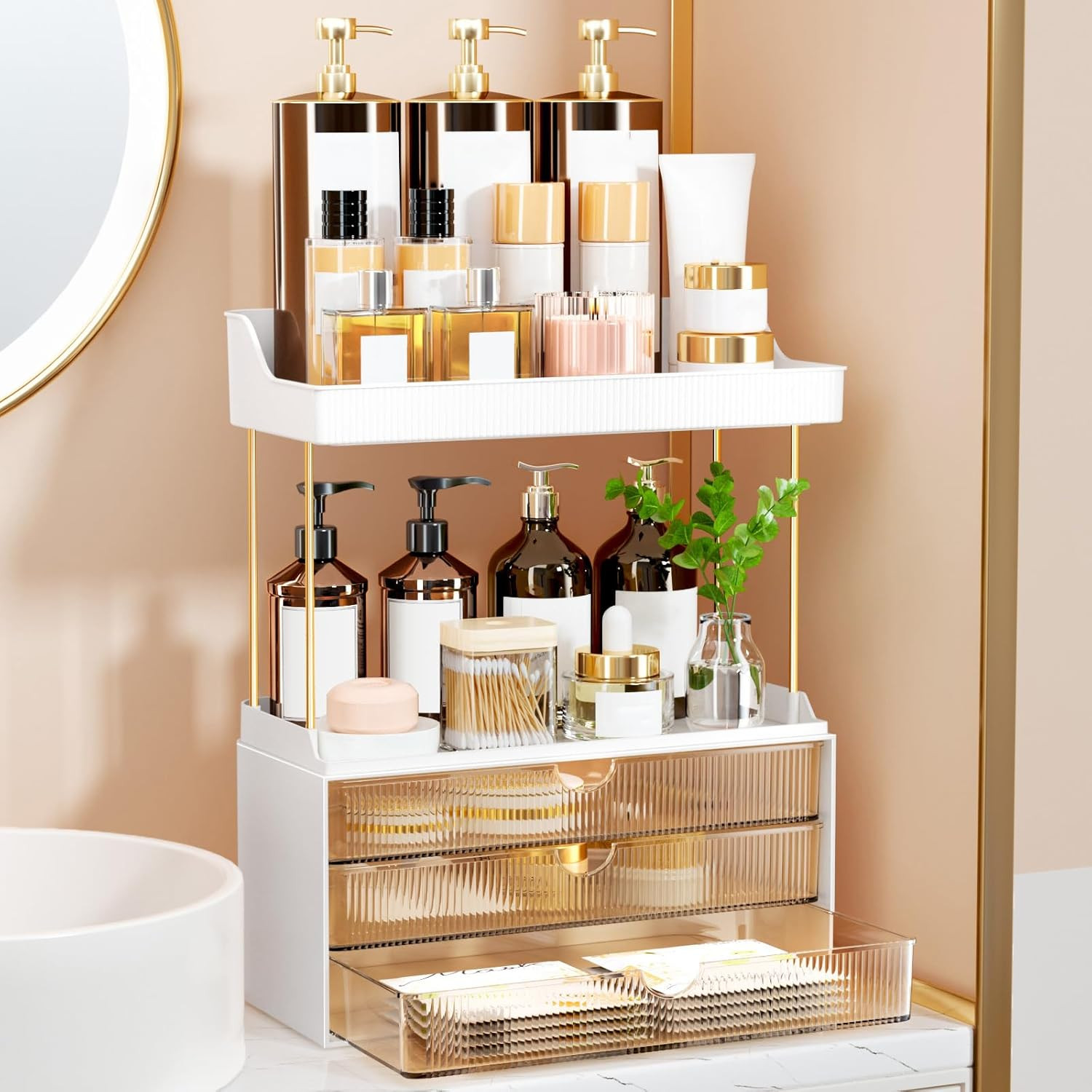 3 Drawers 2 Tier Makeup Organizer - Bathroom Counter Organizer, Versatile Perfume Organizer, Exquisite Vanity Organizer, Large Skincare Organizers, Amber | Amazon (US)