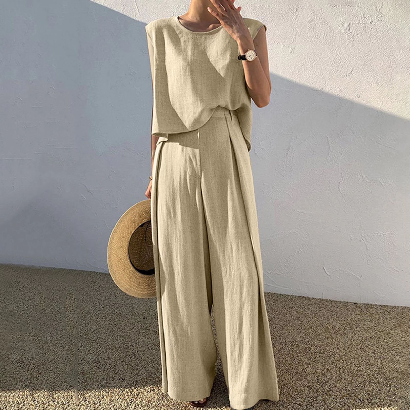 JIUKE Pants Sets Women 2 Piece Outfits Summer Cotton and Linen Suit Short Sleeve T-Shirt Solid Co... | Walmart (US)