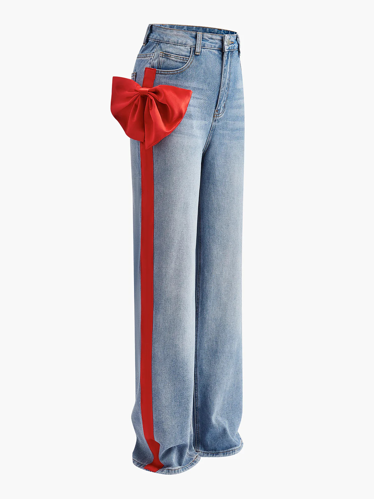 Mid-Waist Bow-Decor Denim Jeans | Commense