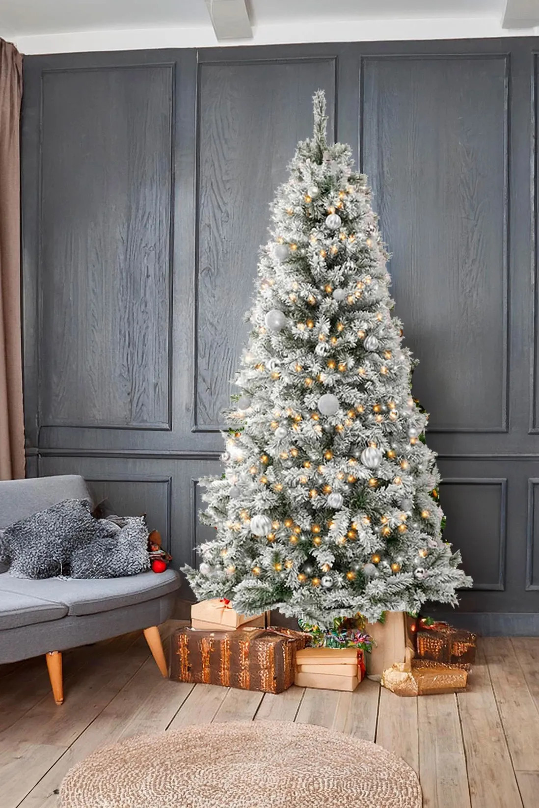 7FT Half Xmas Snow Flocked Christmas Tree Slim Space Saving Corner Foldable Metal Stand | Debenhams UK