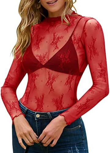 MEROKEETY Womens 2026 Mesh Sheer Lace Long Sleeve Top Sexy Y2k Mock Neck See Through Shirt Blouse... | Amazon (US)