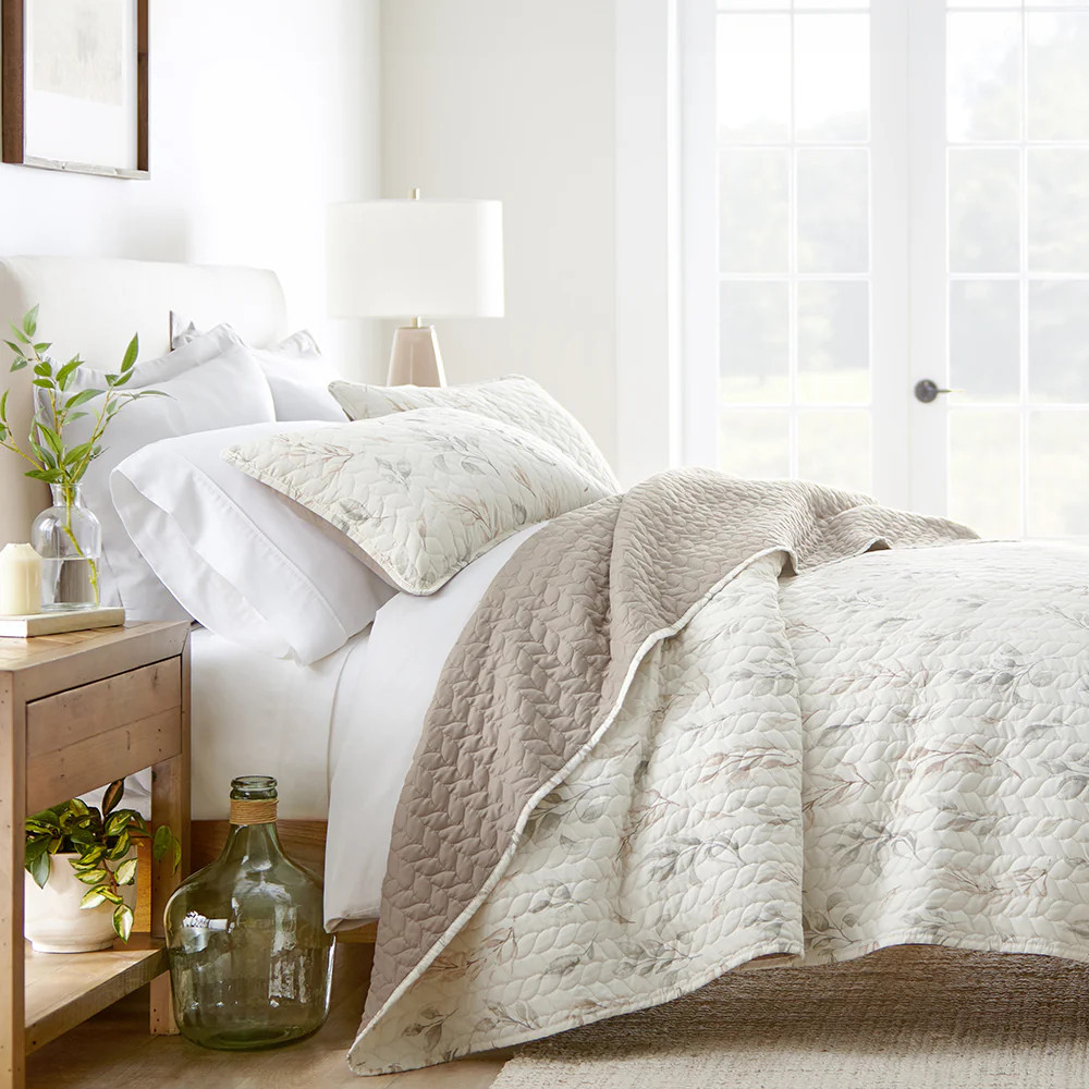 Watercolor Leaves Reversible Quilted Coverlet Set | Linens and Hutch