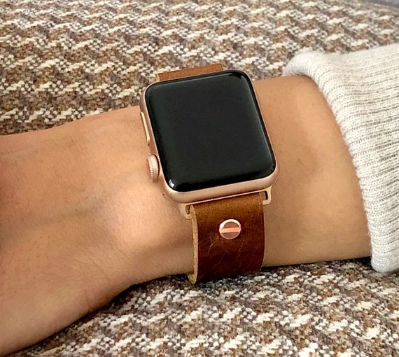 Rose Gold & Brown Leather Apple Watch Band 38mm 40mm 42mm 44mm iWatch Bracelet Adjustable Grain L... | Etsy (US)