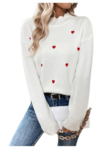 MakeMeChic Women's Heart Print Mock Neck Long Sleeve Sweater Drop Shoulder Scallop Trim Sweater T... | Amazon (US)