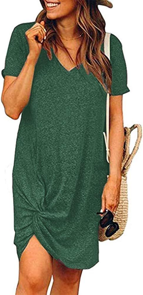 Locryz Women's Summer Twist Knot Tshirt Dresses Casual V Neck Short Sleeve Knot Dress | Amazon (US)